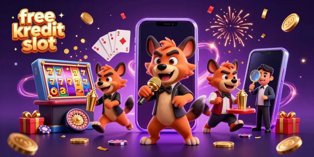 Experience the excitement of free kredit slot at a lively casino with animated hyenas performing and gaming elements.