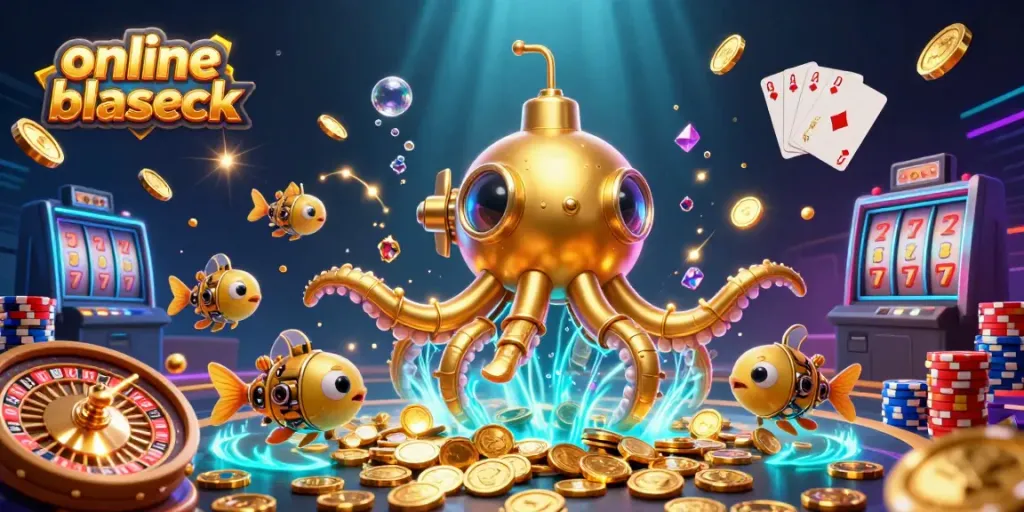 Experience dynamic online blackjack with mechanical fish and golden treasures in 3D!