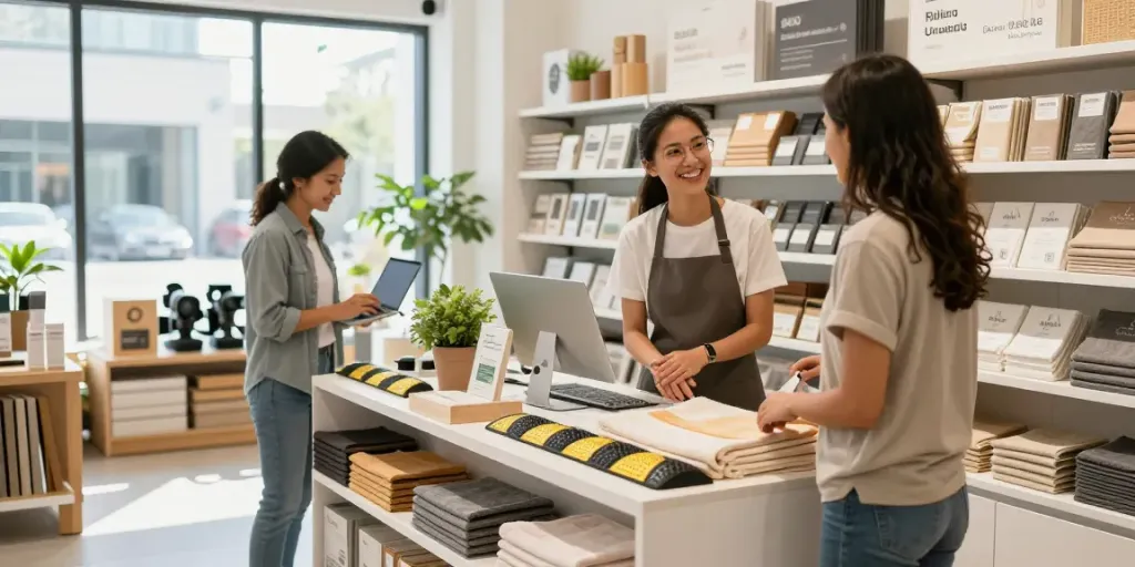 Shopsmart eco-friendly retail store showcasing personalized towels and flooring products.