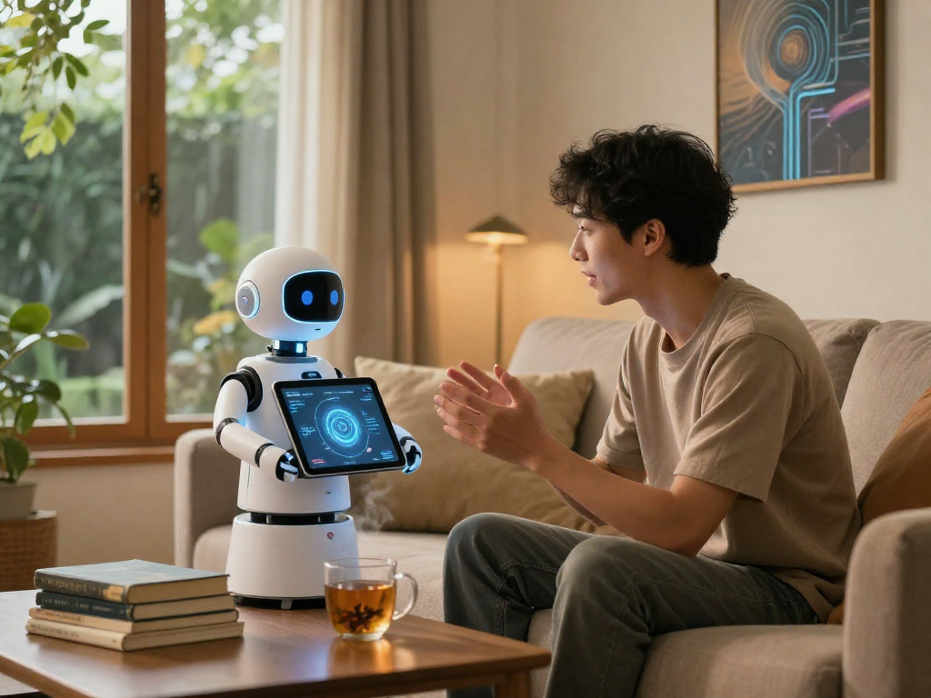 An individual enjoying a conversation with their AI companion while surrounded by cozy home decor, illustrating the role of ai gf in daily life.