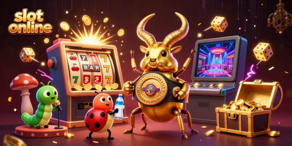 Experience the excitement of slot online with a lively cartoon illustration featuring a golden stag beetle and dynamic casino elements.