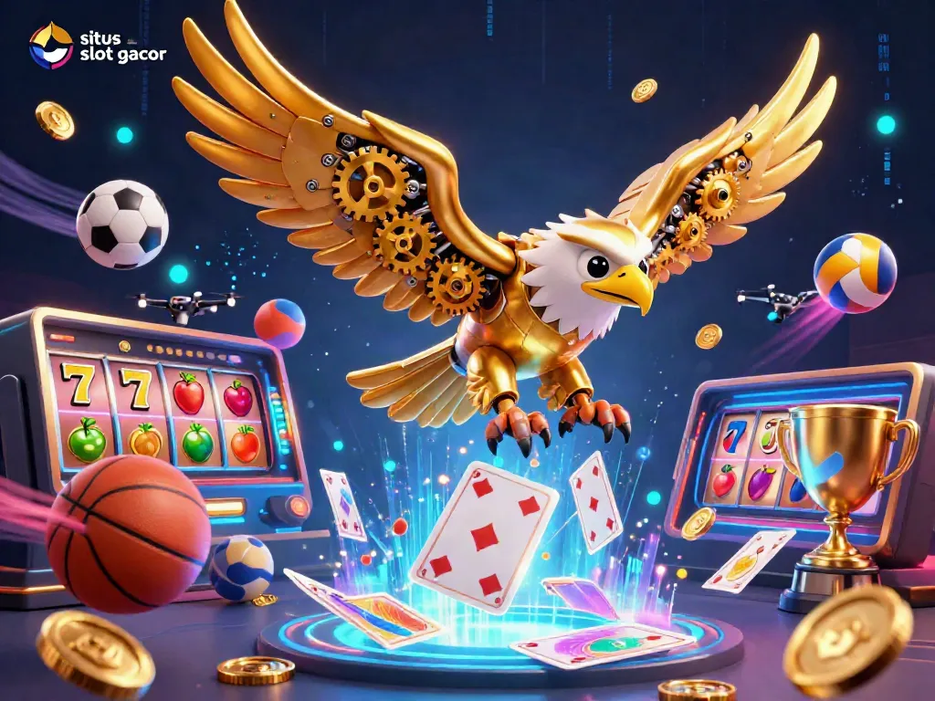 Situs slot gacor inspired 3D illustration with a golden eagle, slot reels, and gambling elements.