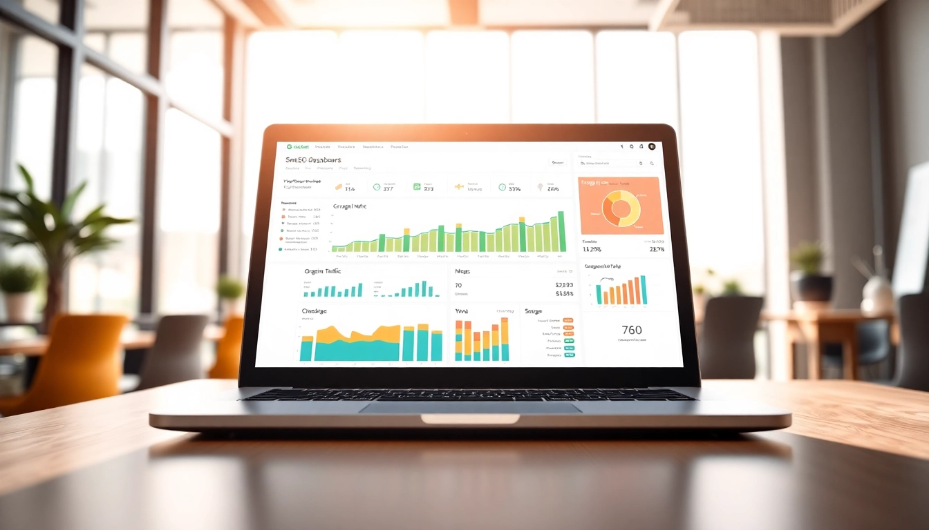 Visual representation of a website with built-in SEO dashboard displaying metrics and analytics.