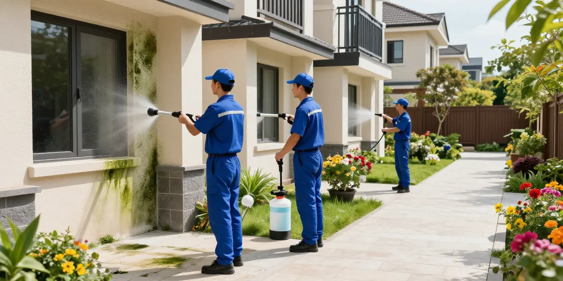 Professionelle Reinigung Netphen: Team reinigt Fassade und Terrasse mit umweltschonenden Mitteln.