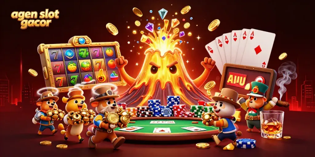Spin the reels with agen slot gacor as a golden volcano erupts coins and treasures amidst a vibrant casino scene.