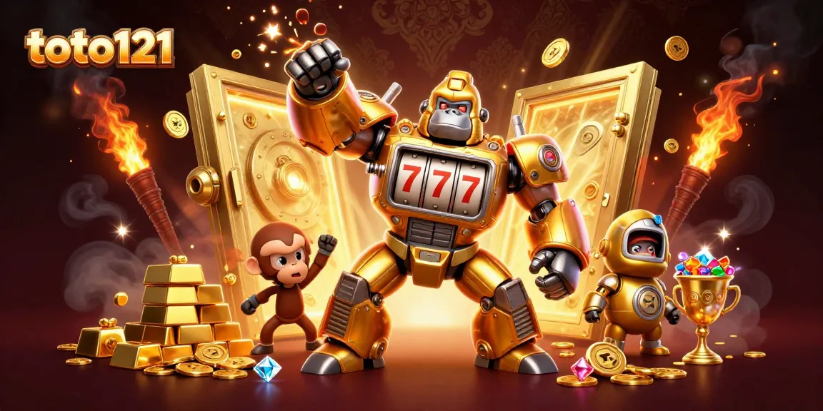 Engage with toto121's vibrant gaming scene featuring a golden gorilla mech amidst rich treasure.