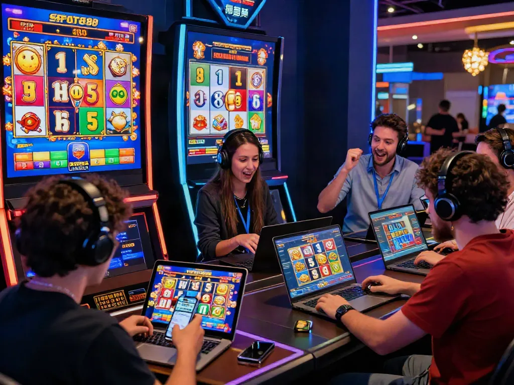 Excited players enjoying slot online gacor on various devices in a modern digital gaming environment.
