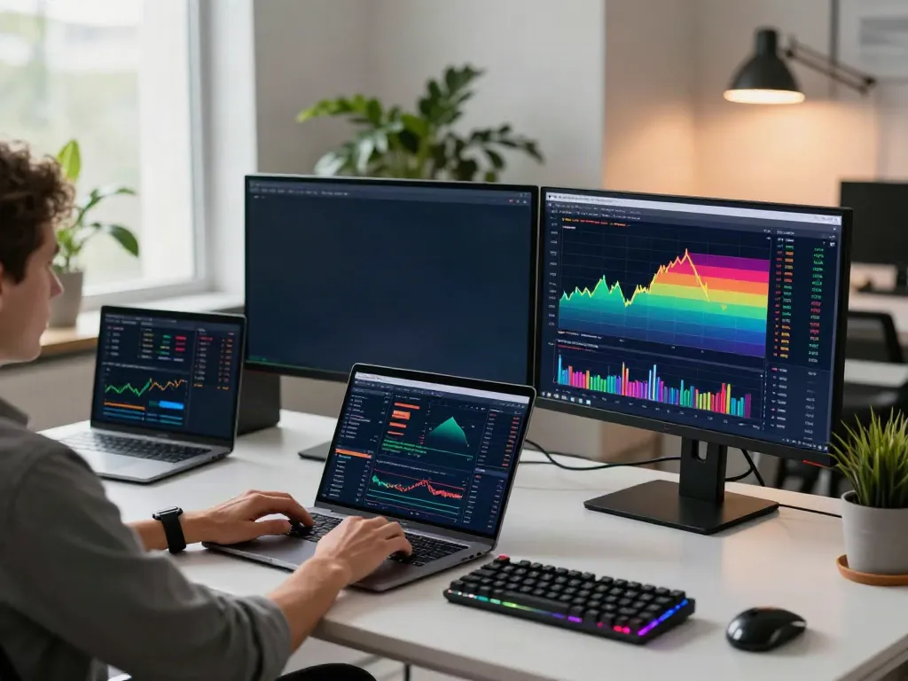 BSE stock data API analytics displayed in a cryptocurrency trading office with real-time charts and financial tools.