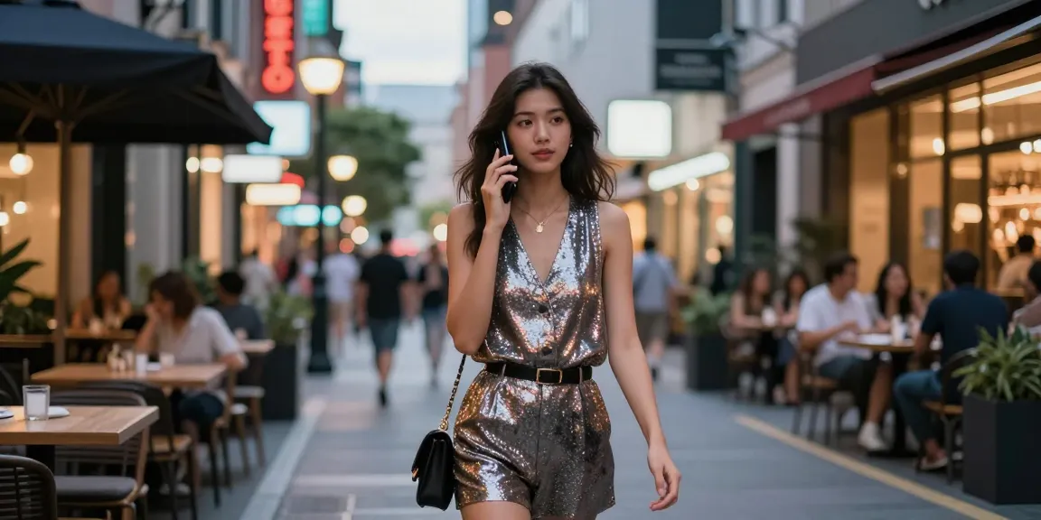 Gái gọi đang di chuyển trên phố thành phố nhộn nhịp vào buổi tối, thể hiện sự tự tin và phong cách.
