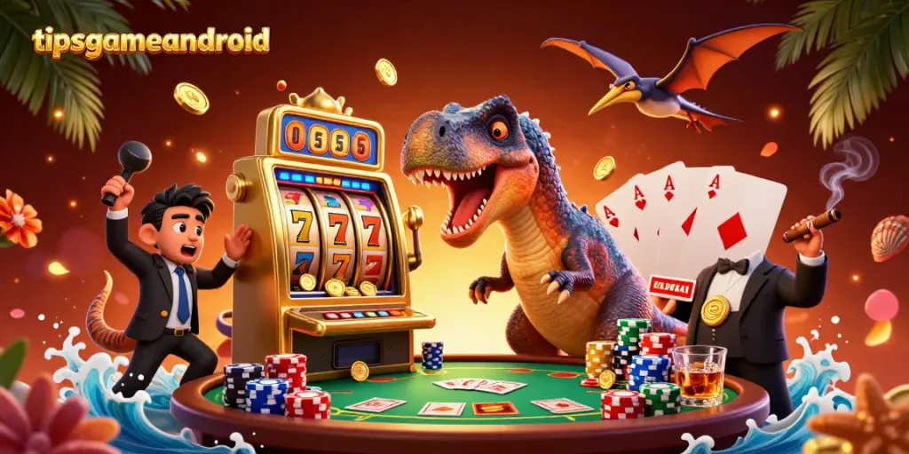 Experience the excitement of gaming with tipsgameandroid featuring vivid characters and a vibrant casino setting.
