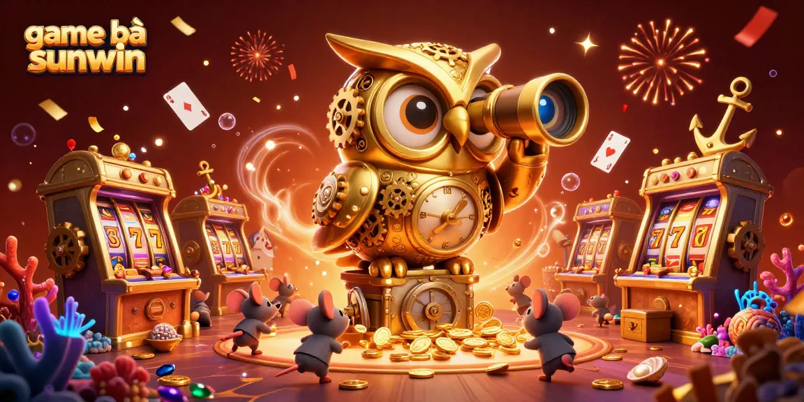 Experience the thrill of game bài sunwin amidst vibrant casino visuals featuring a golden owl, slot machines, and treasure.