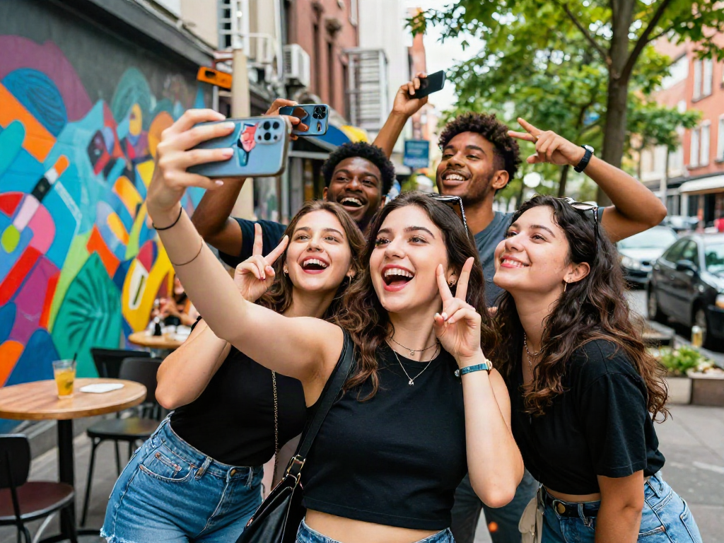 Friends testing attractiveness outdoors with an AI app, capturing fun urban moments.