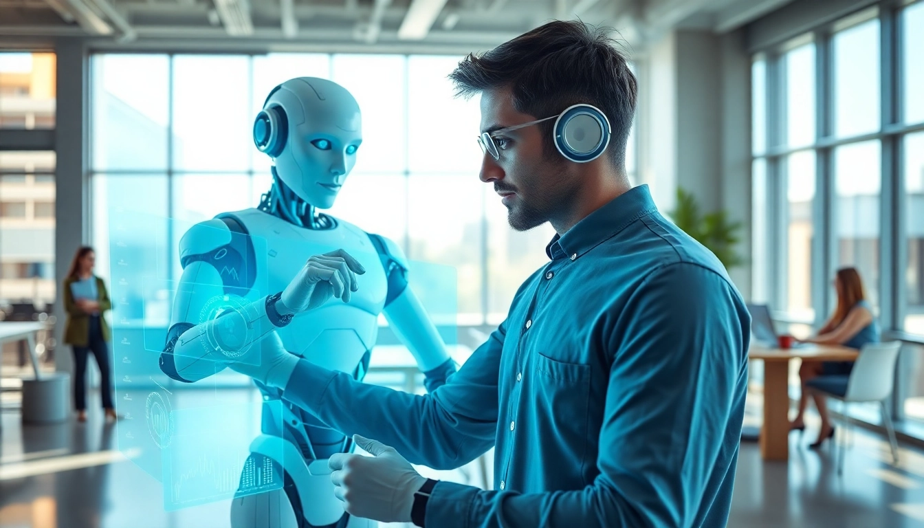 Ai agents assisting in a workspace with advanced technology features and a collaborative environment.