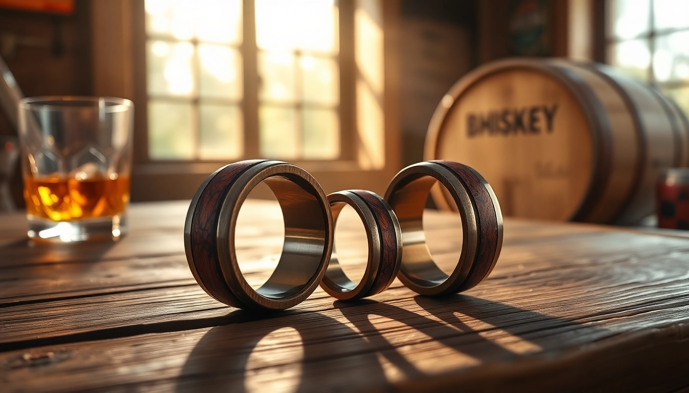 Showcase of Whiskey Barrel Wedding Bands featuring unique grain patterns and metal accents.