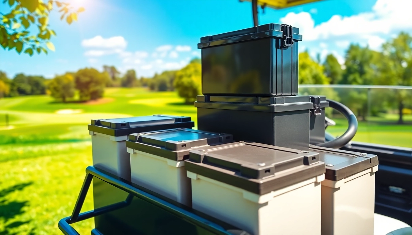 Showcase of lithium golf cart batteries highlighting their sleek design and outdoor use.