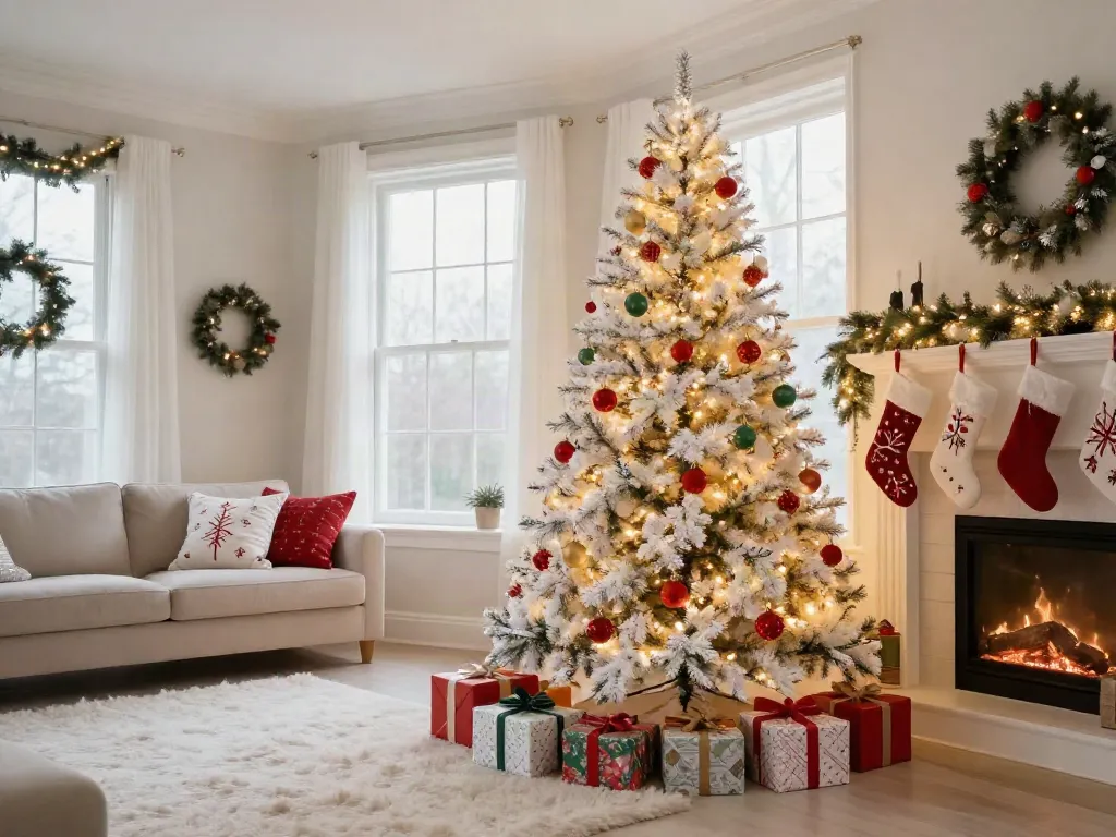 A decorated white artificial Christmas tree in a cozy living room, creating a festive holiday atmosphere.