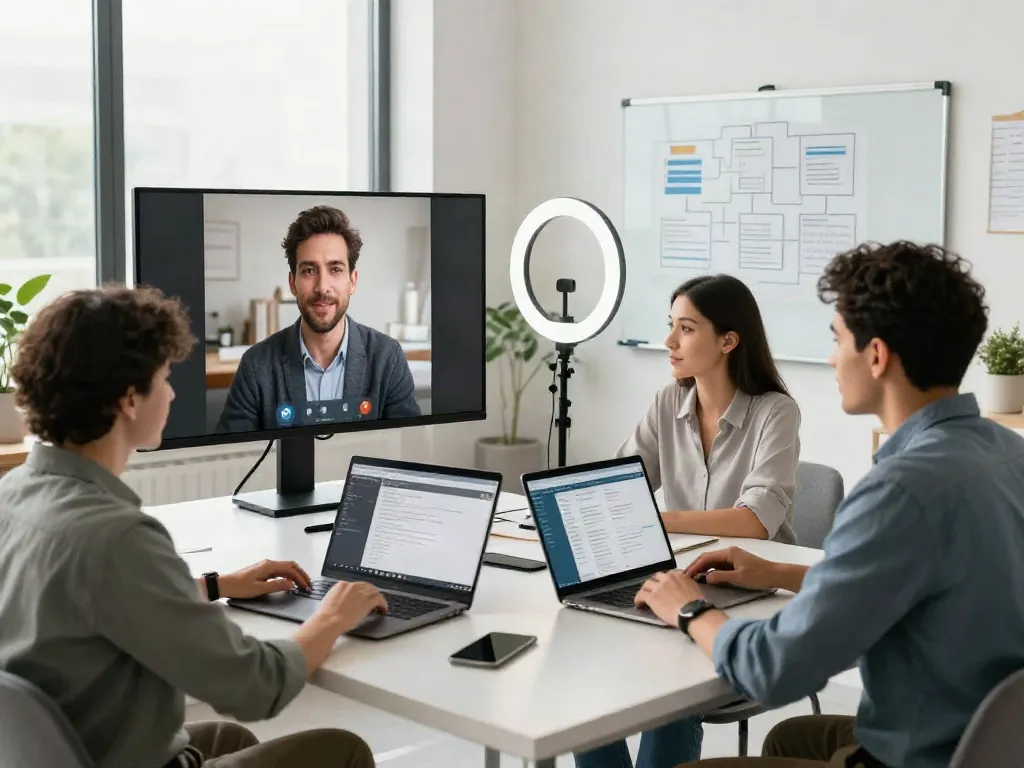 Deepfake protected Conferencing with a secure virtual meeting setup featuring high-definition video and authentication technology.