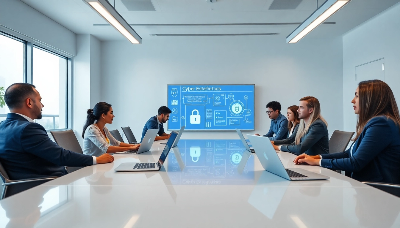 Discussing cyber essentials certification in a modern office setting with digital security graphics.
