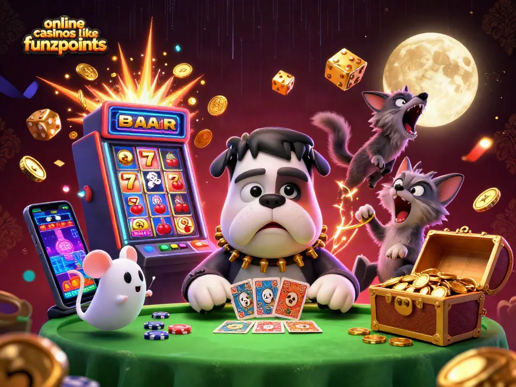Engage with online casinos like Funzpoints in this dynamic casino scene featuring vibrant characters and action.
