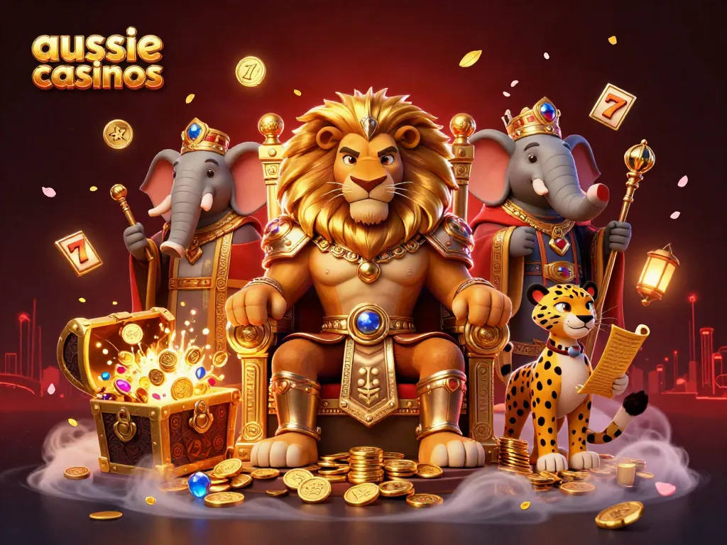 Experience exciting gameplay at aussie casinos with a fierce lion king, wise elephant, and swift cheetah amidst gold and gems.
