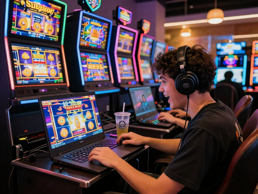 Gamer merasakan kegembiraan bermain slot gacor di laptop dengan latar belakang lampu neon yang cerah.