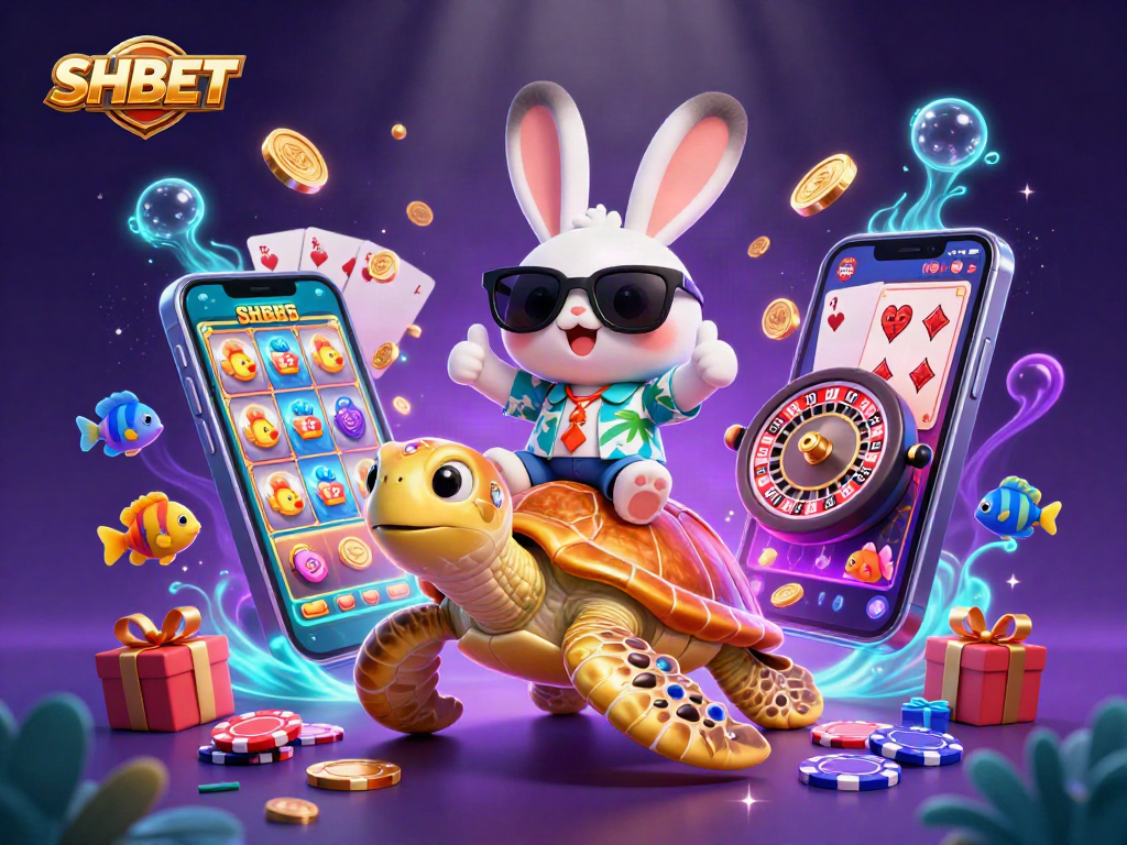 SHBET casino illustration with lucky rabbit and sea turtle among vibrant gaming elements