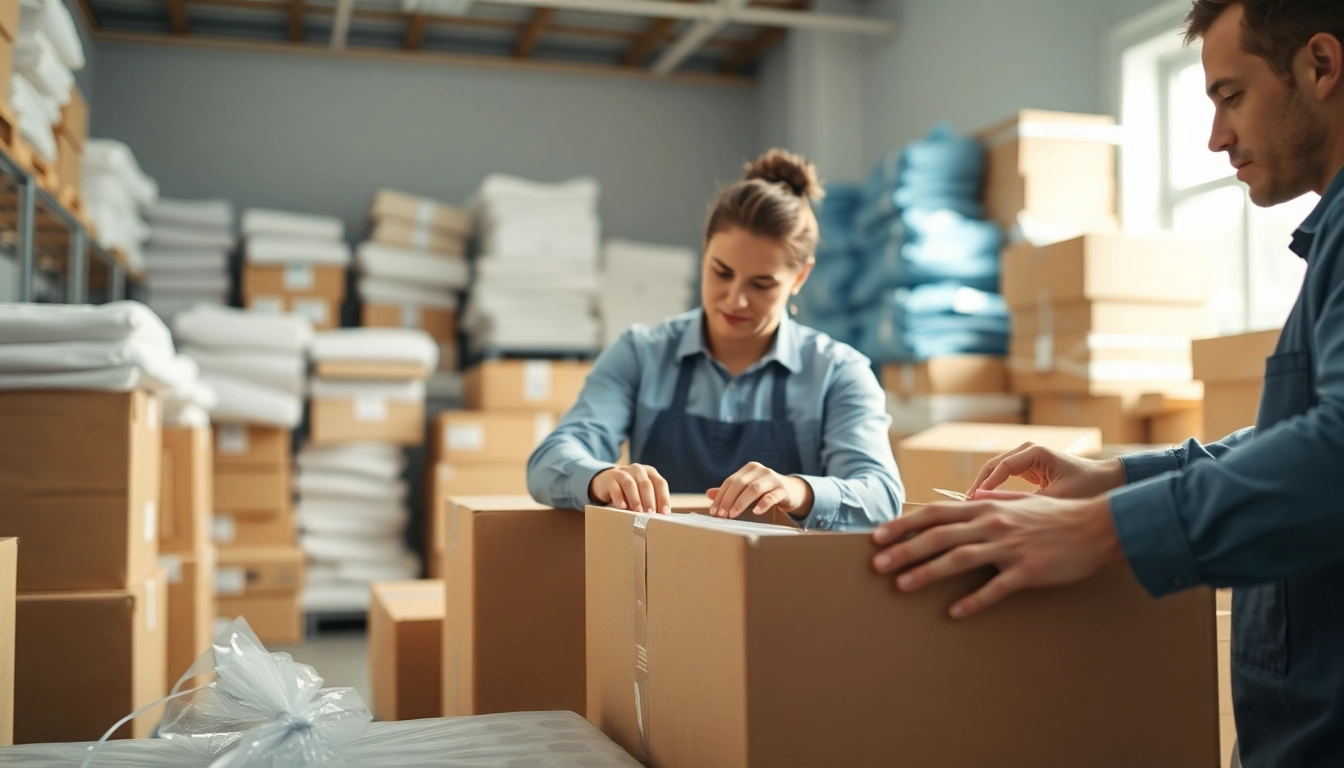 Professional Packing Services with expert packers efficiently organizing boxes in a bright setting.